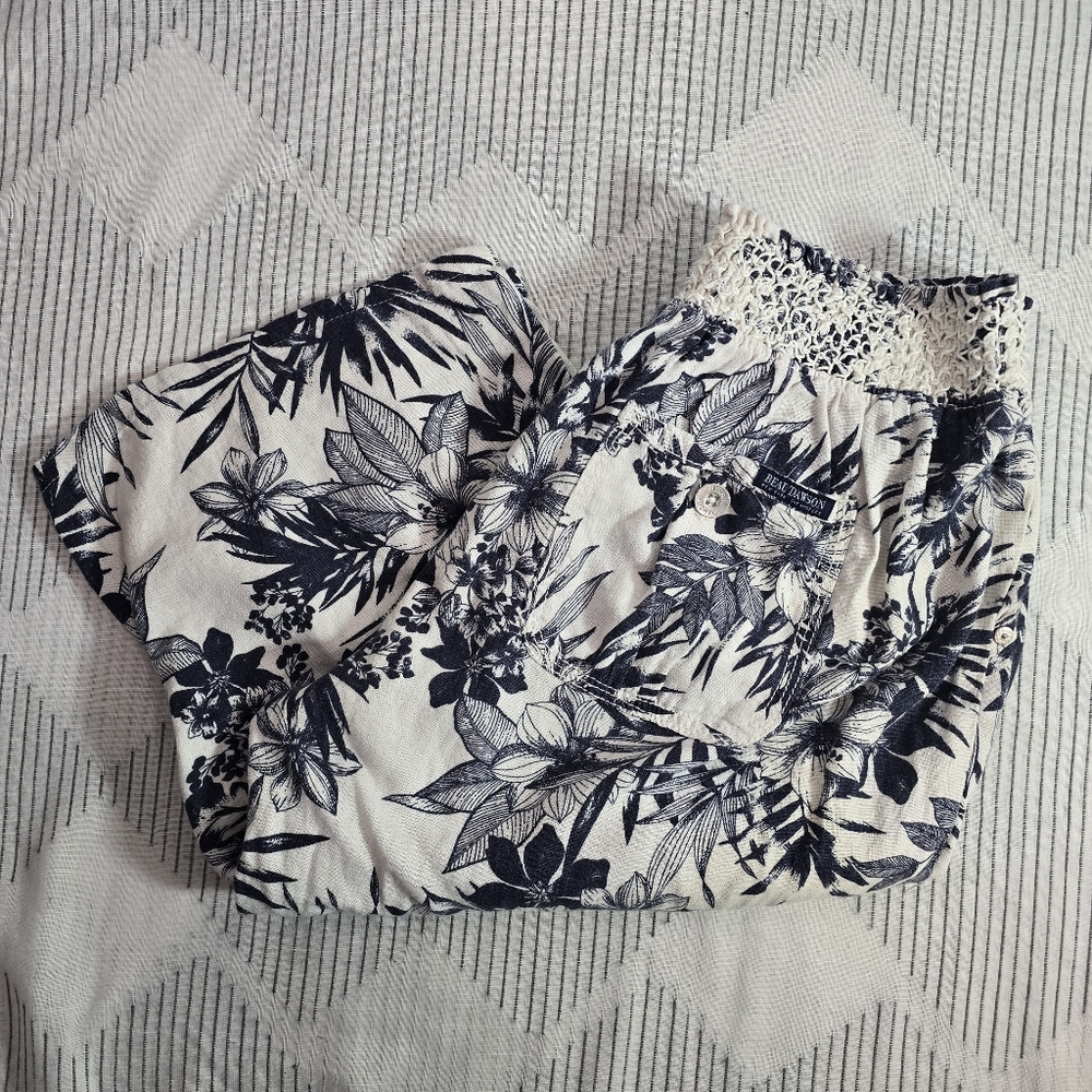 Linen Capri Short Pants White Blue Tropical Print Stretch Waist by Beau Dawson M - Picture 7 of 7